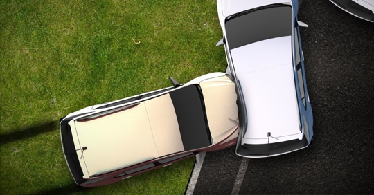 overhead view of a t-bone crash between two small sports utility vehicles