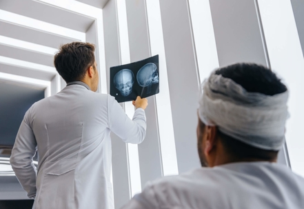 Patient in head wrap looking at x-ray with doctor